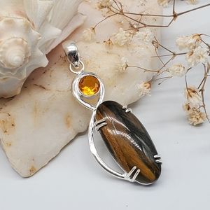 Natural Tiger Eye Srone/Citrine Quartz 925 Silver Pendant
